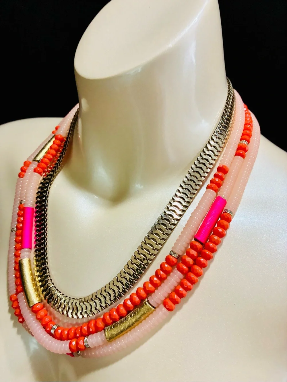 Layered Pink & Coral Beaded Statement Necklace with Gold Accents